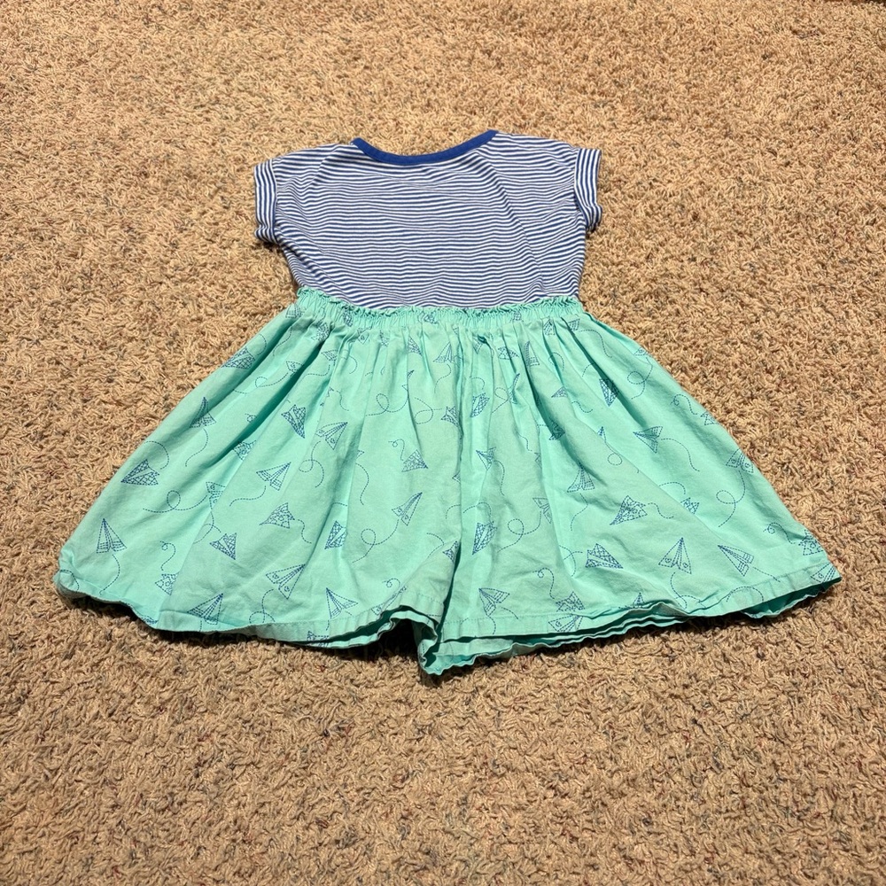 Cat & Jack Blue & Green Striped Kids Dress w/ Paper Airplaine Skirt Pattern - XS - Picture 2 of 4